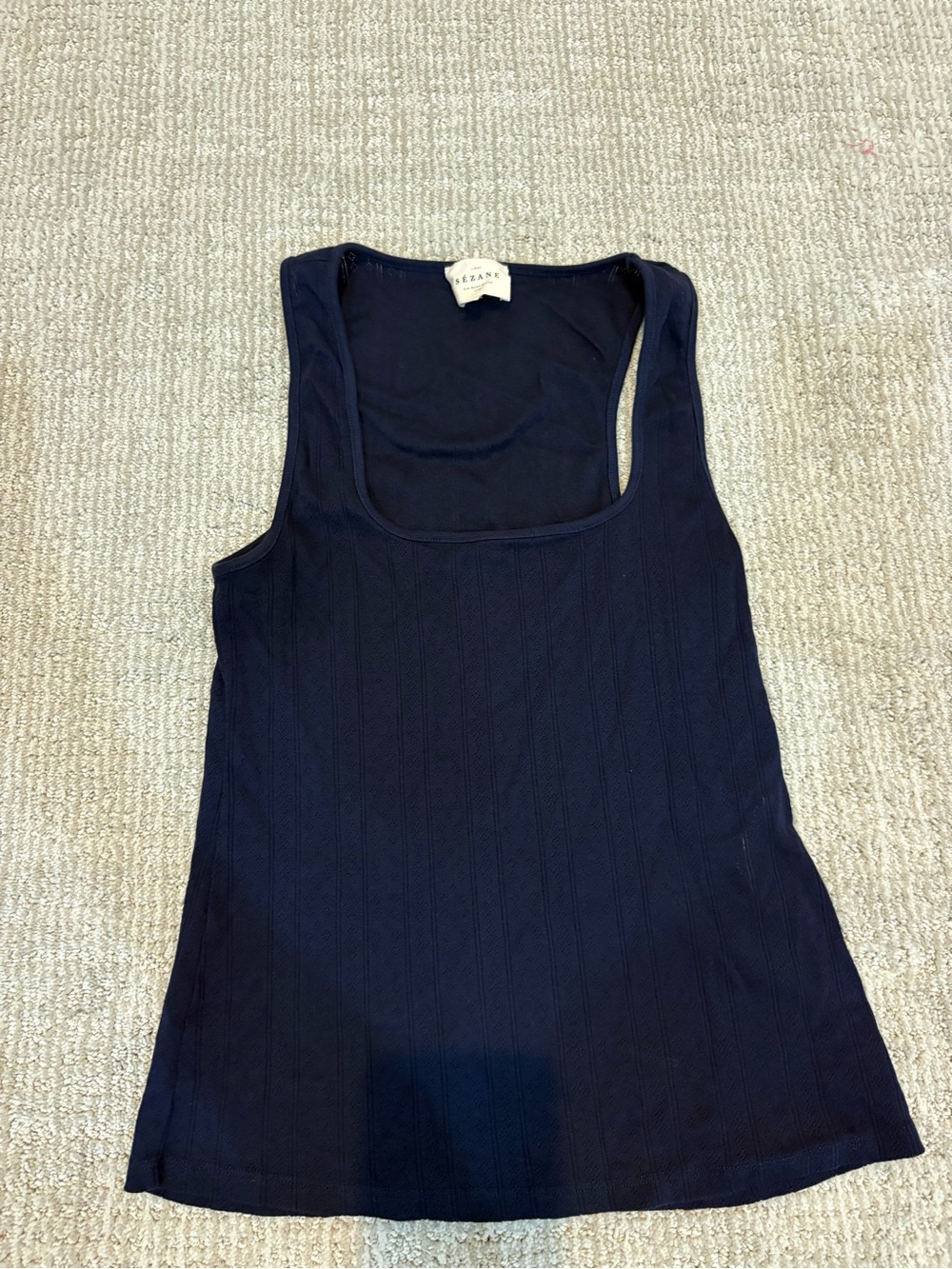 Sezane Navy Ribbed Scoop Tank
